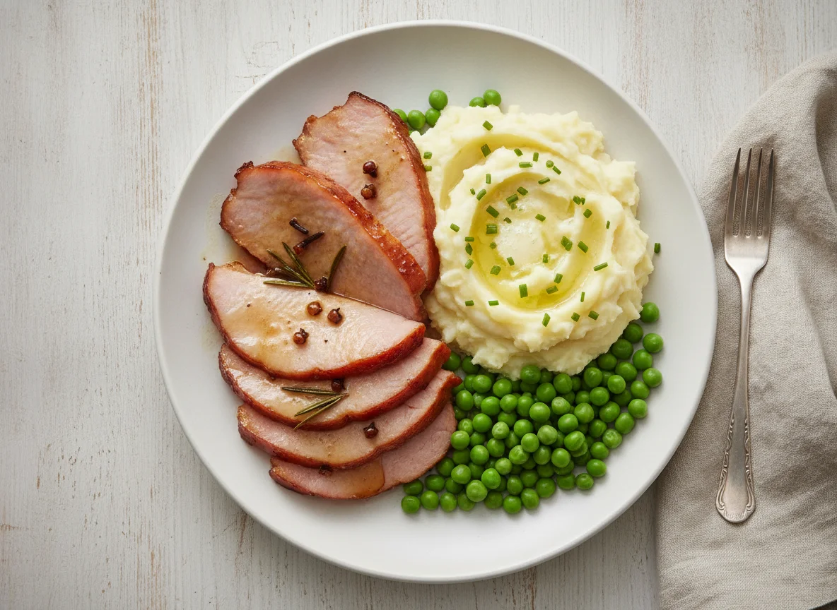 Ham, Mashed Potatoes and Peas photo