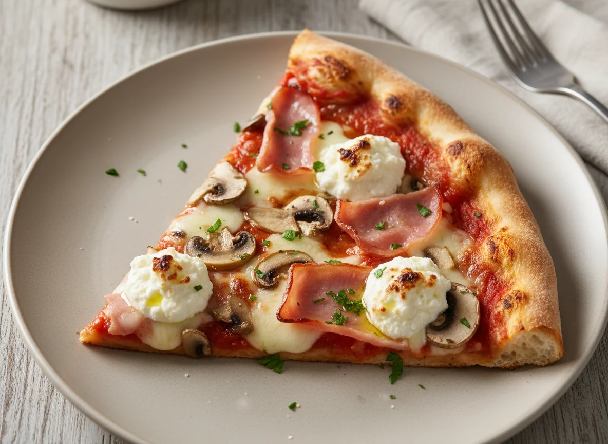 Ham, Mushroom and Ricotta Pizza Slice photo