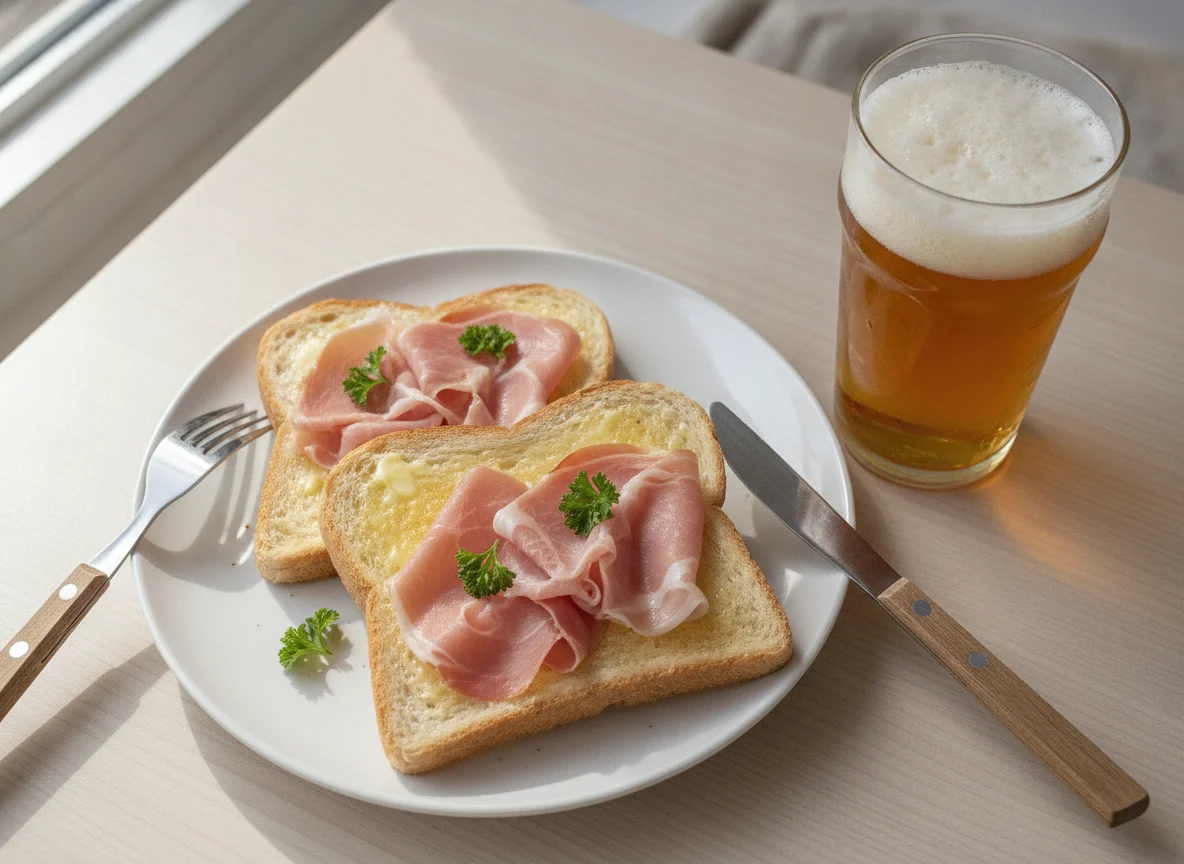 Ham on toast with a pint of lager photo