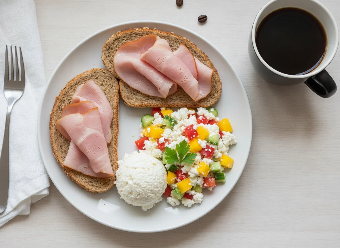 Ham on toast with cottage cheese salad and coffee photo