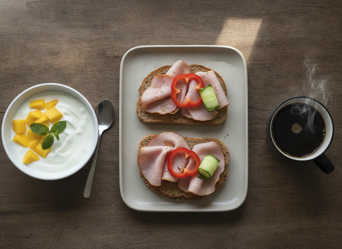 Ham on toast with fruit and yogurt bowl photo