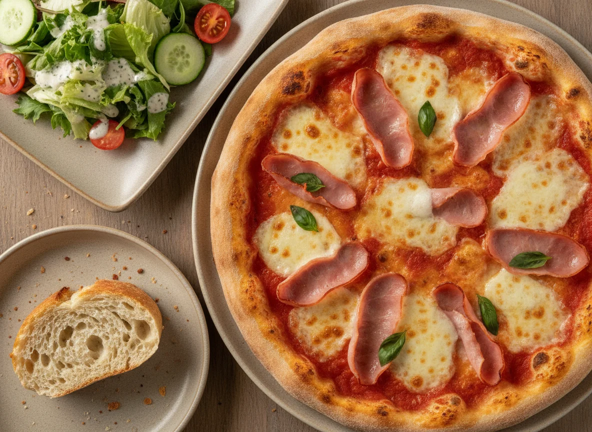 Ham Pizza with Side Salad and Bread photo