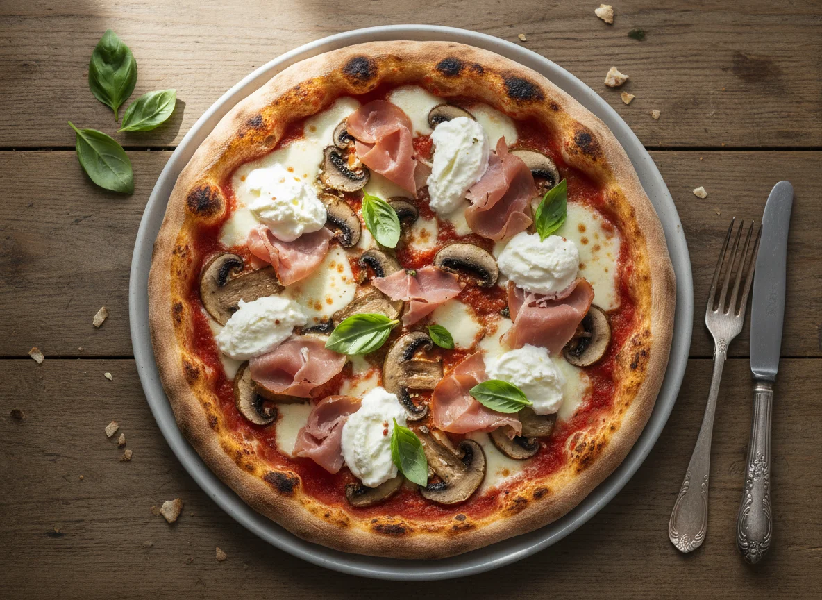 Ham, Portobello Mushroom & Mascarpone Woodfired Sourdough Pizza photo