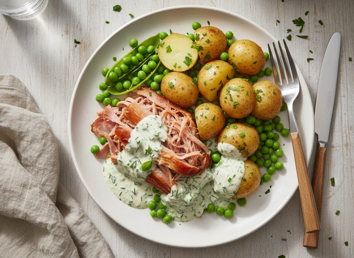 Ham, Potatoes, Peas with Creamy Herb Sauce photo