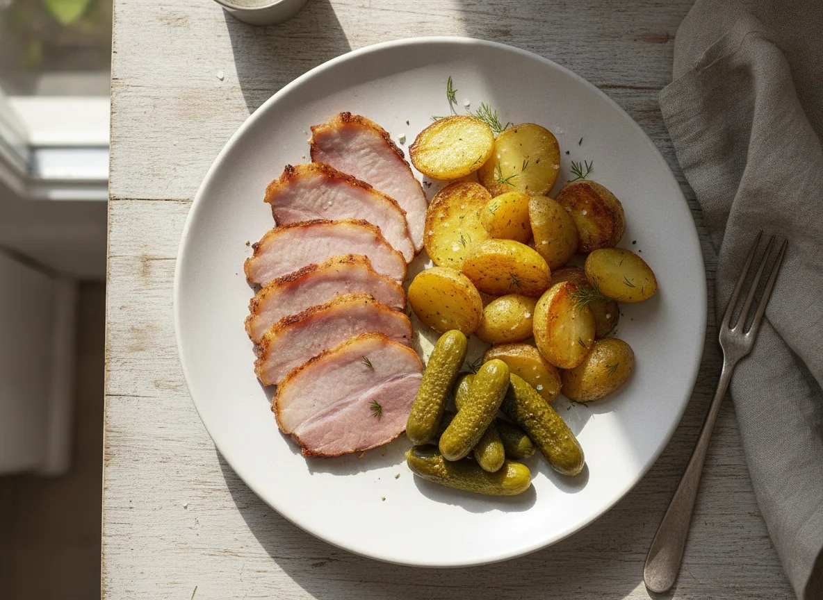 Ham, Roasted Potatoes, and Pickles photo