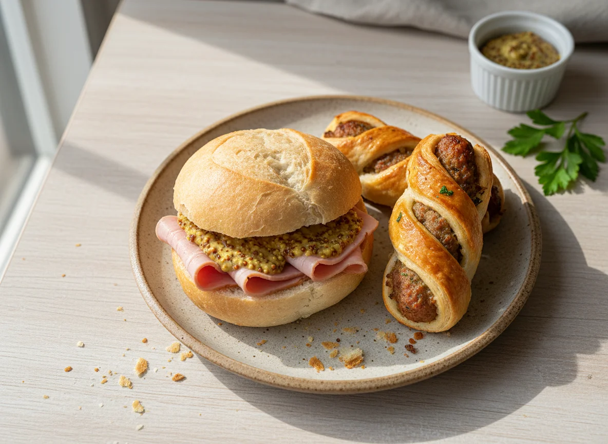 Ham Roll with Mustard and Sausage Rolls photo