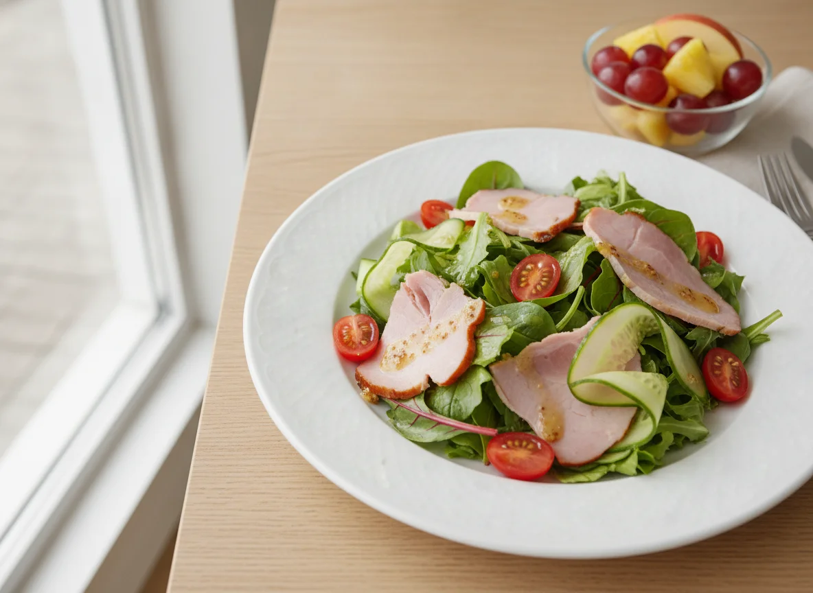 Ham salad with mixed fruit bowl photo