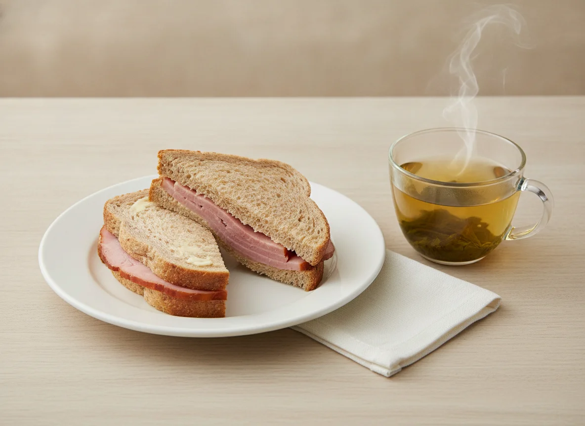 Ham sandwich and tea photo