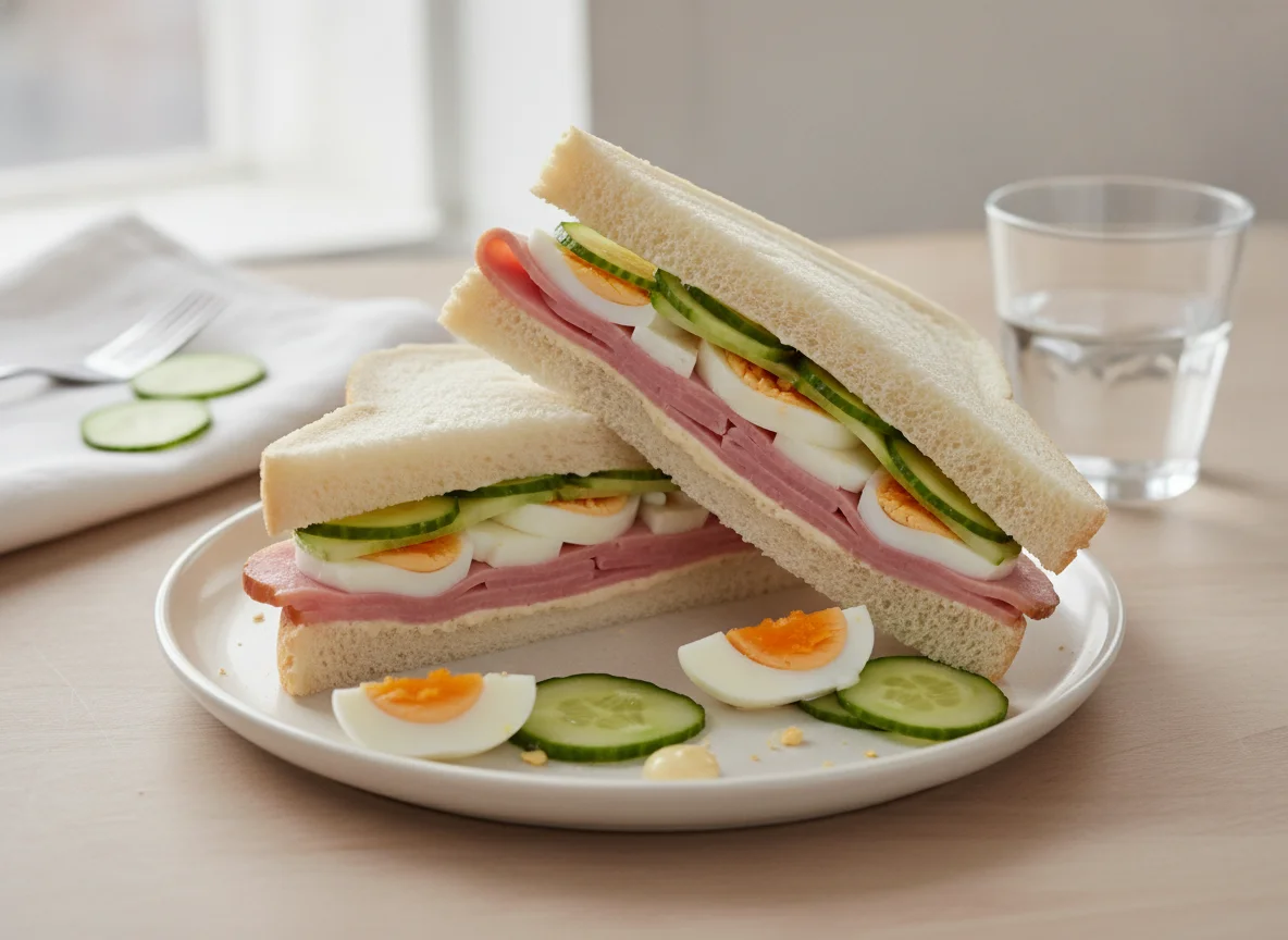 Ham sandwich with boiled eggs and cucumber photo