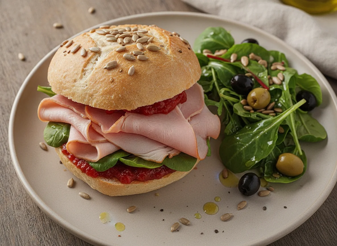 Ham sandwich with mixed seed salad and olives photo