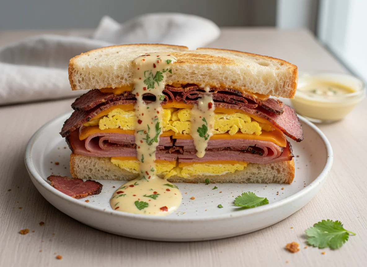 Ham, Scrambled Egg, Cheddar, Pastrami Sandwich with Spicy Lemon Sauce photo