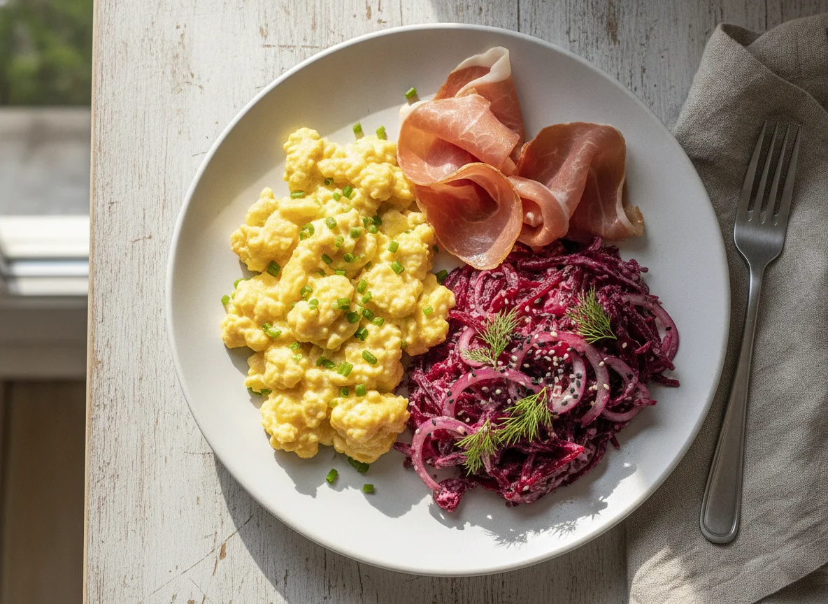 Ham, Scrambled Eggs and Beetroot Salad photo