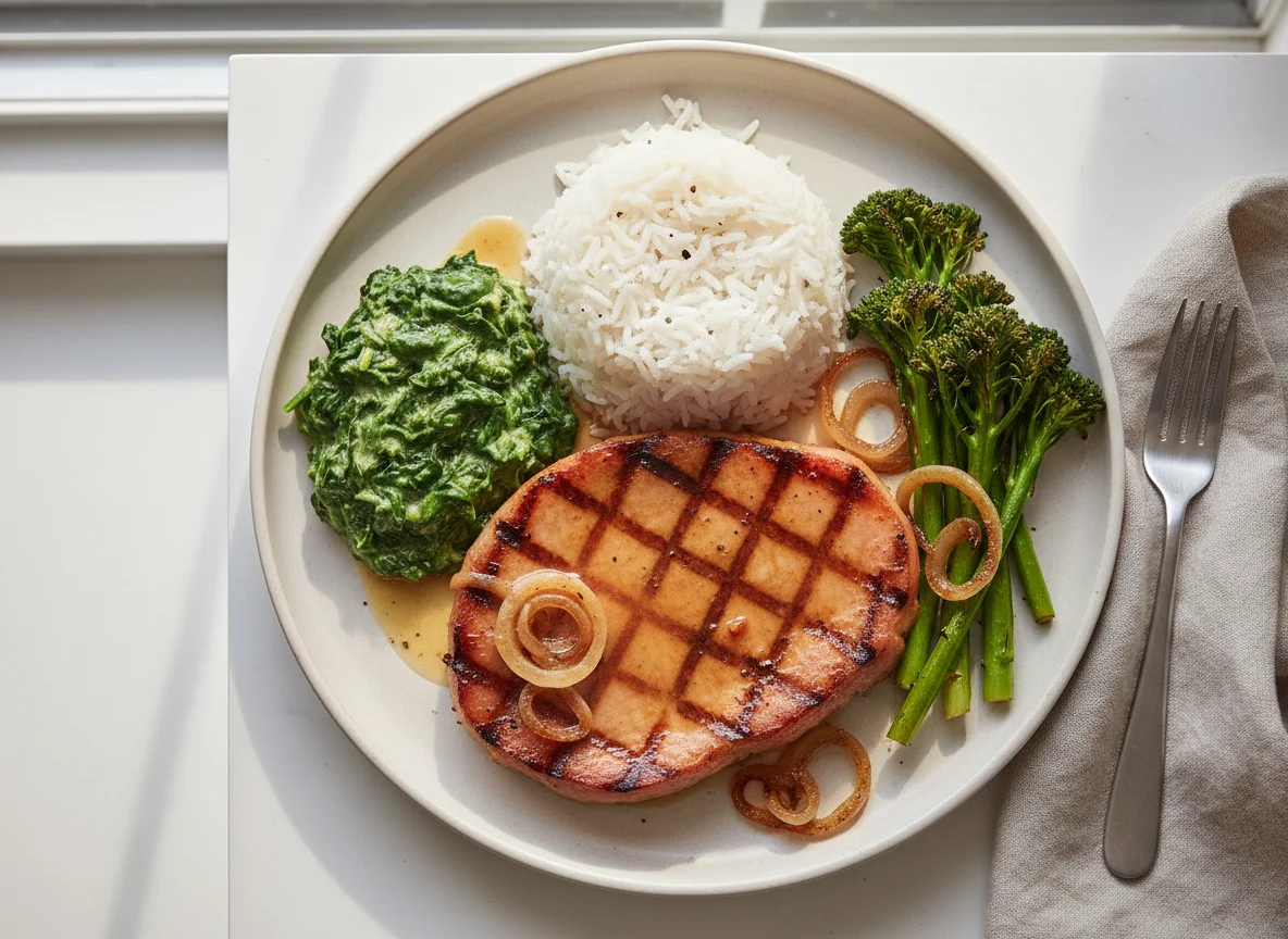 Ham steak with rice and vegetables photo