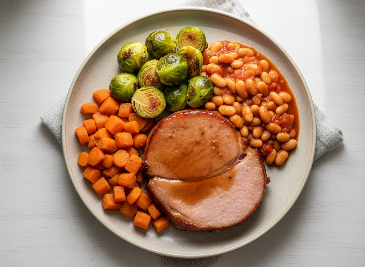 Ham with Carrots, Brussels Sprouts and Baked Beans photo