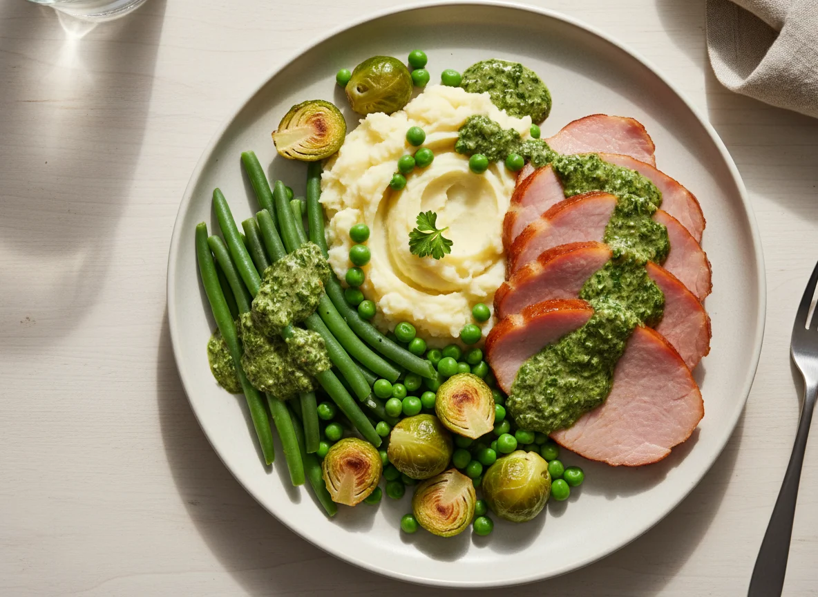 Ham with Mashed Potatoes and Vegetables in Parsley Sauce photo