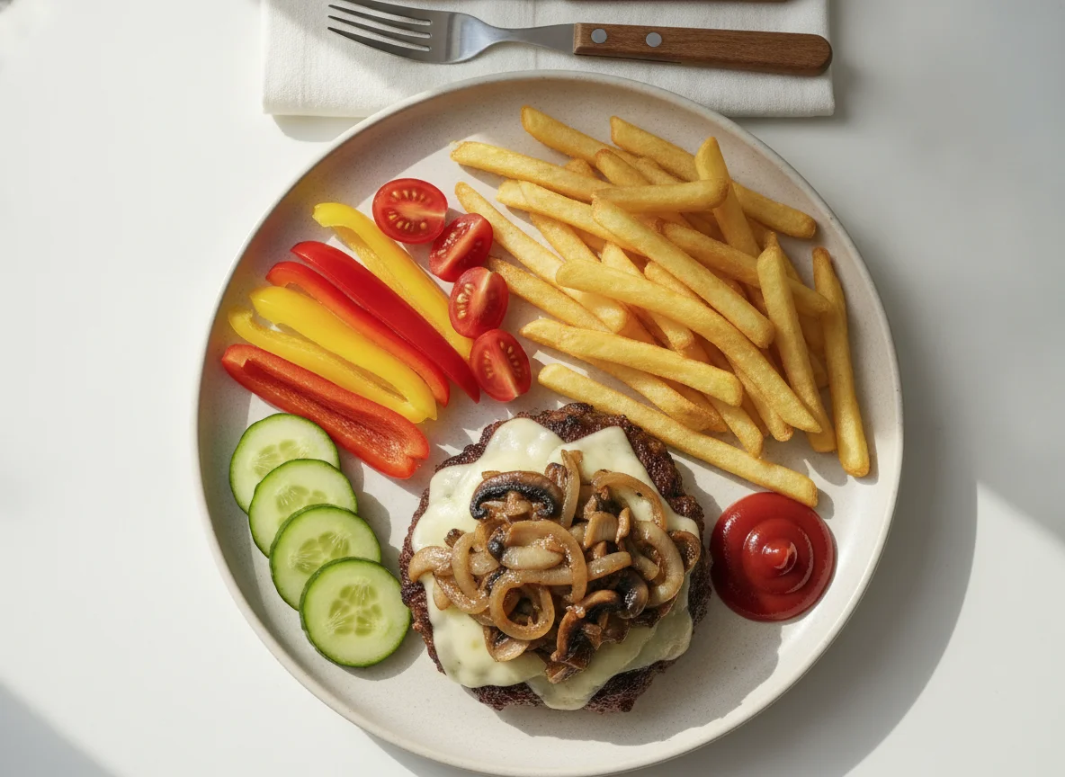 Hamburger Patty with Fries and Vegetables photo