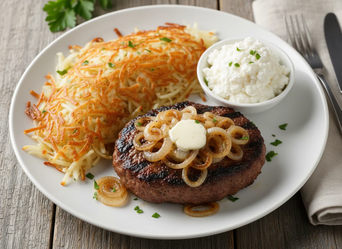 Hamburger Steak with Hash Browns and Cottage Cheese photo