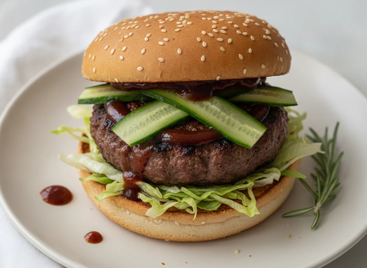 Hamburger with cucumber and BBQ sauce photo