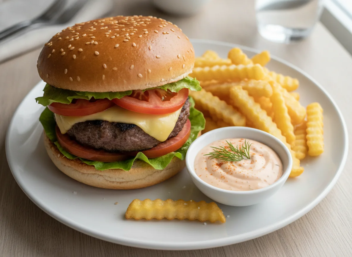 Hamburger with French Fries and Kokteilsósa photo