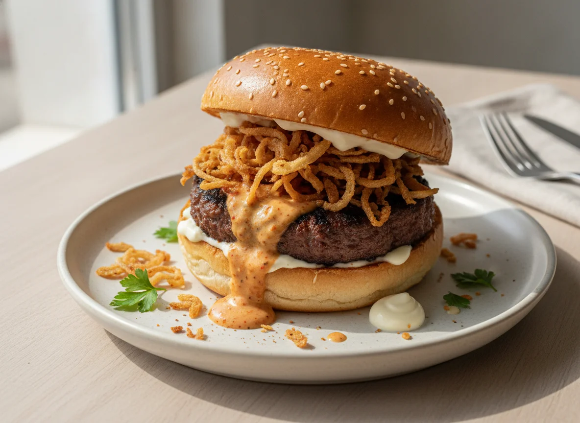 Hamburger with fried onions and sauce photo