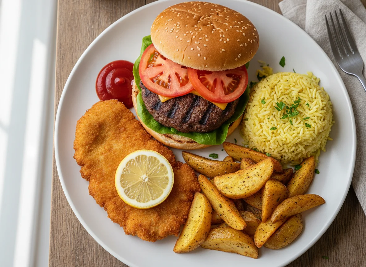 Hamburger with Rice, Schnitzel, and Potato Wedges photo