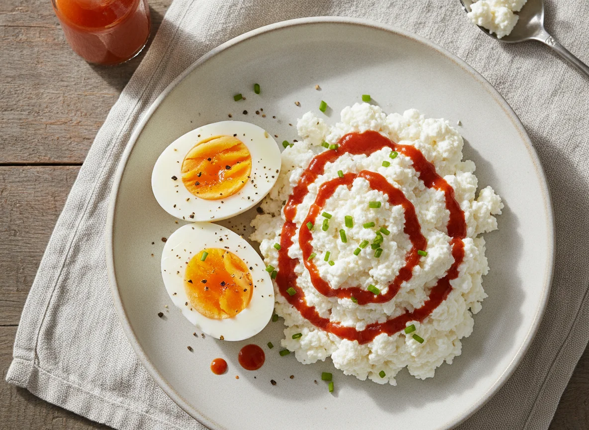 Hard Boiled Egg and Cottage Cheese with Hot Sauce photo