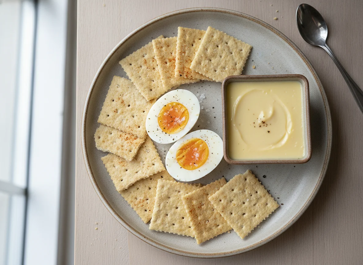Hard boiled eggs with crackers and custard photo