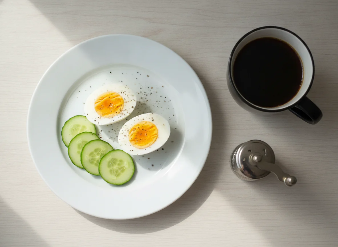 Hard boiled eggs with cucumber and black coffee photo