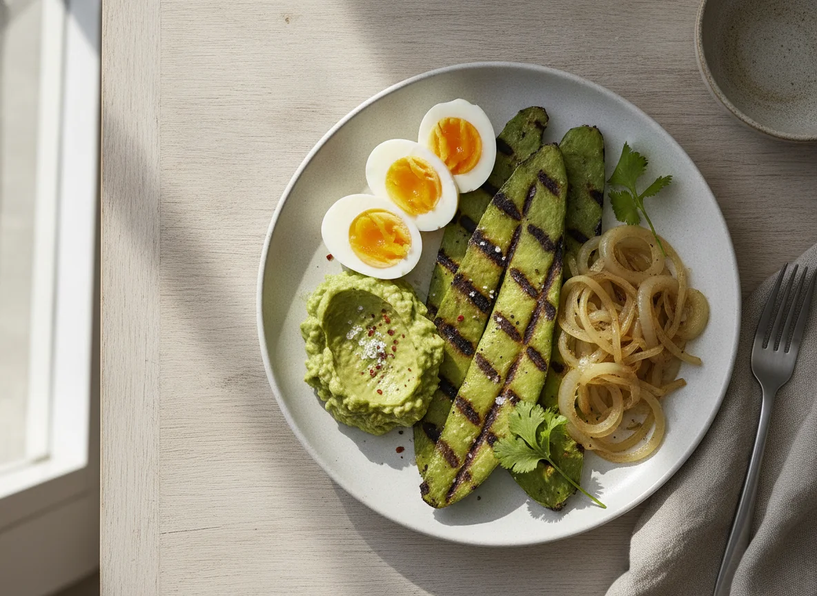 Hard boiled eggs with grilled cactus and mashed avocado photo
