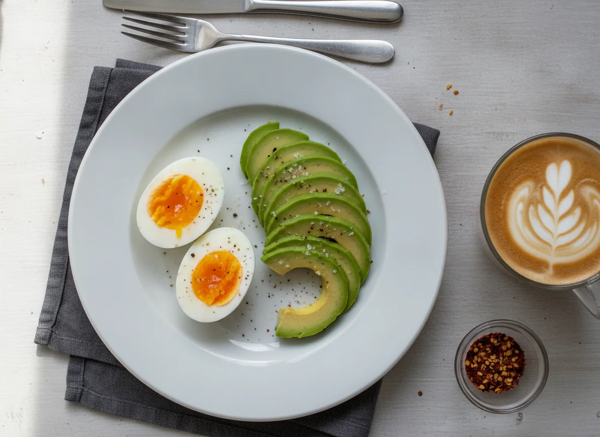Hard-boiled eggs and avocado with coffee photo