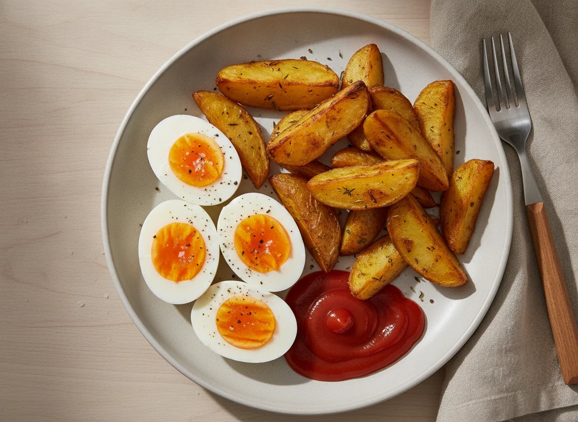 Hard-boiled eggs and roasted potatoes with ketchup photo