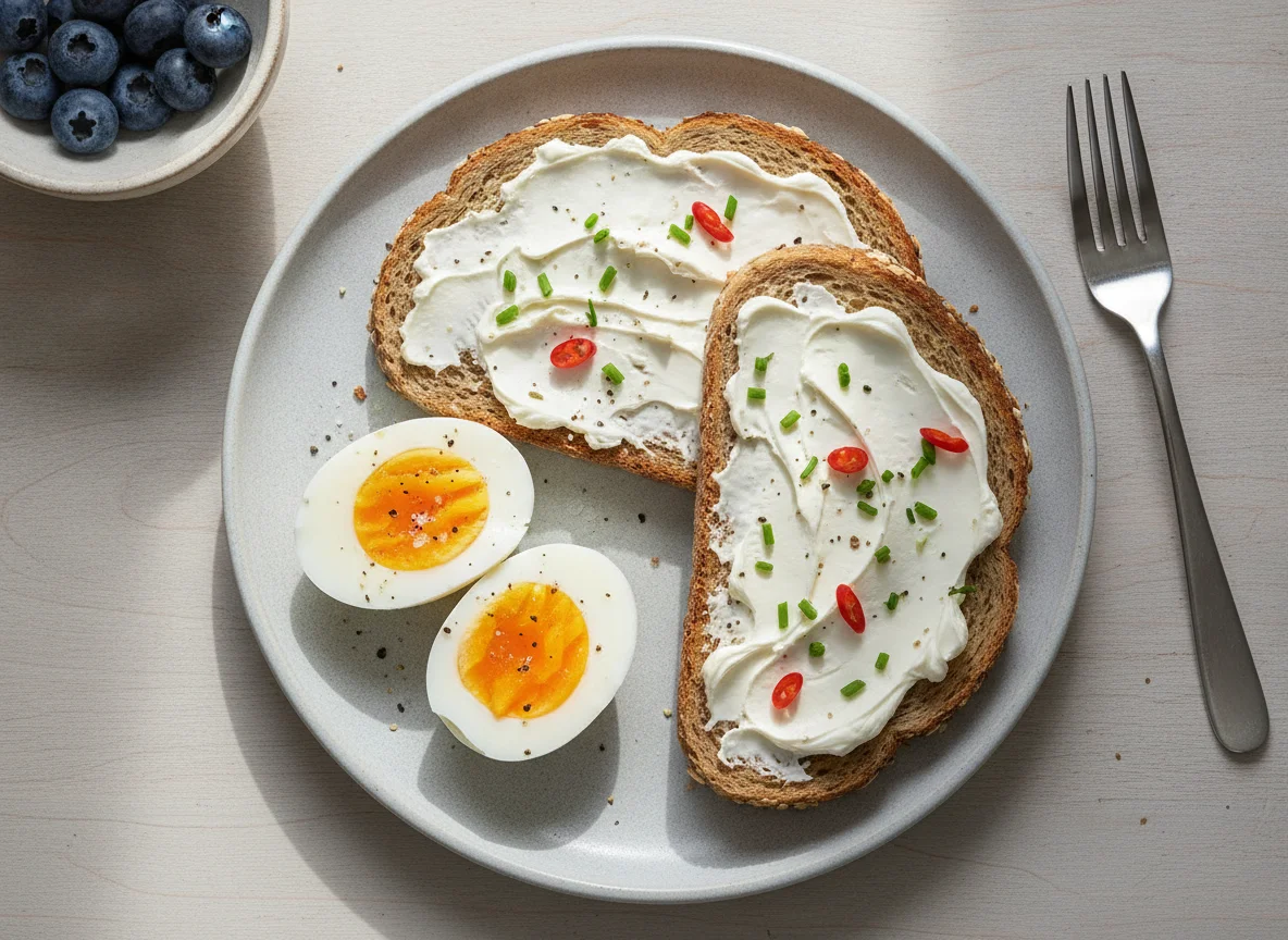 Hard-boiled eggs and whole grain toast with cream cheese photo