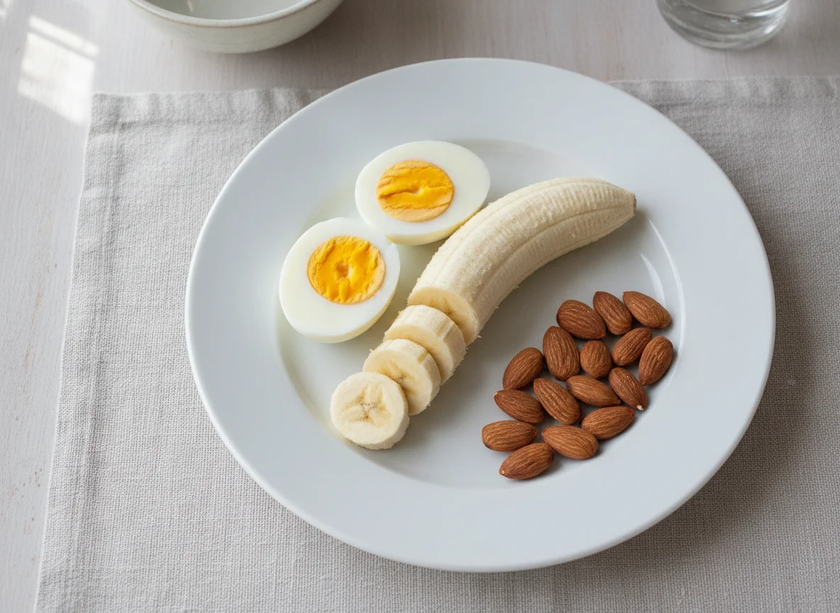 Hard-boiled eggs, banana, and almonds photo