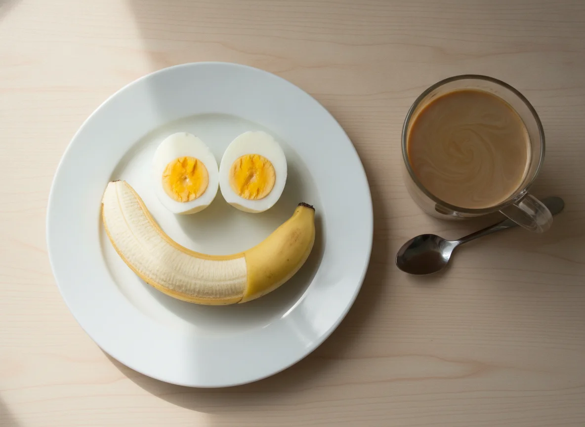 Hard-boiled eggs, banana, and coffee with milk photo