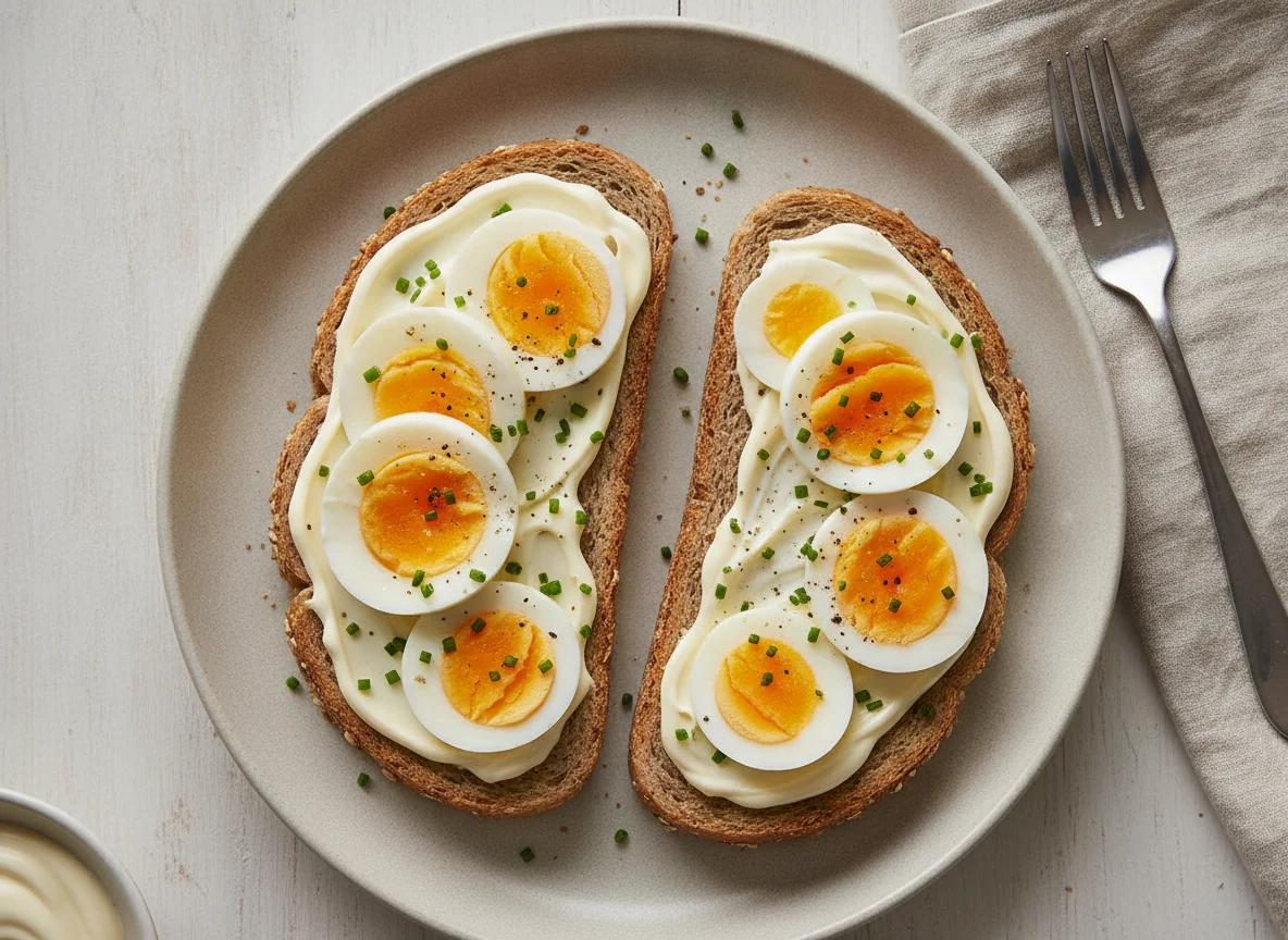 Hard-boiled eggs on whole wheat toast with mayonnaise photo