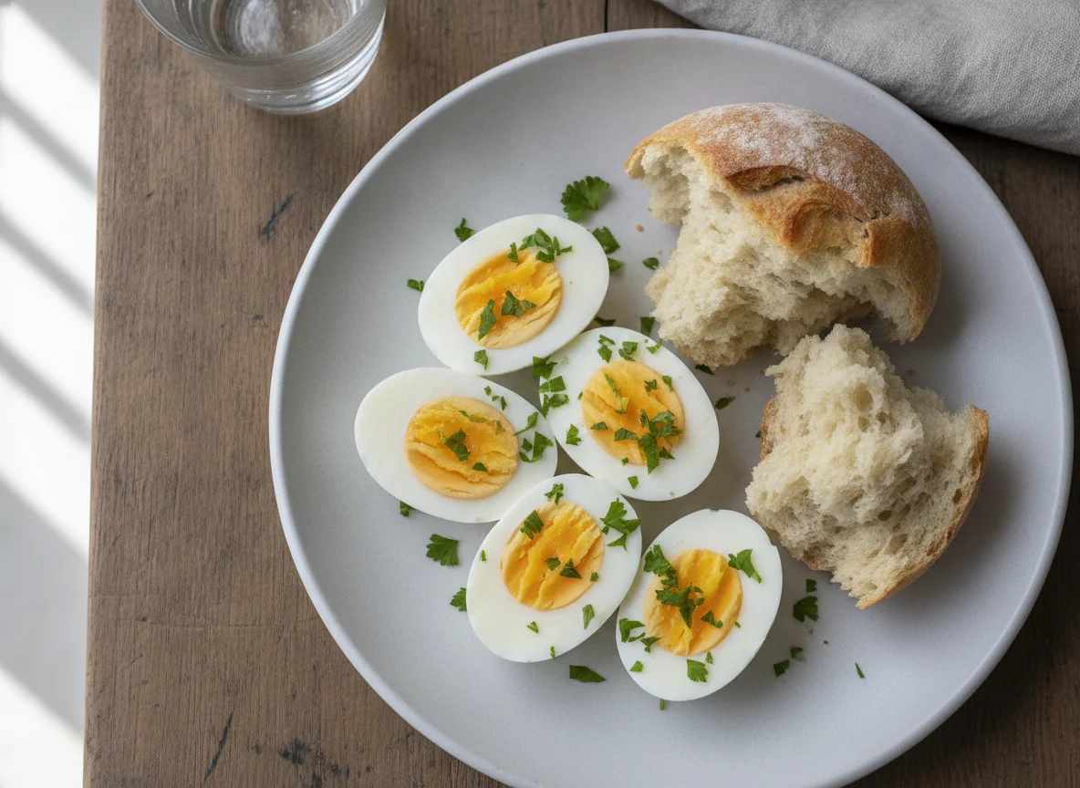 Hard-boiled eggs with bread and parsley photo