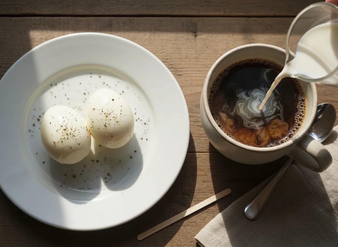 Hard-boiled eggs with coffee photo