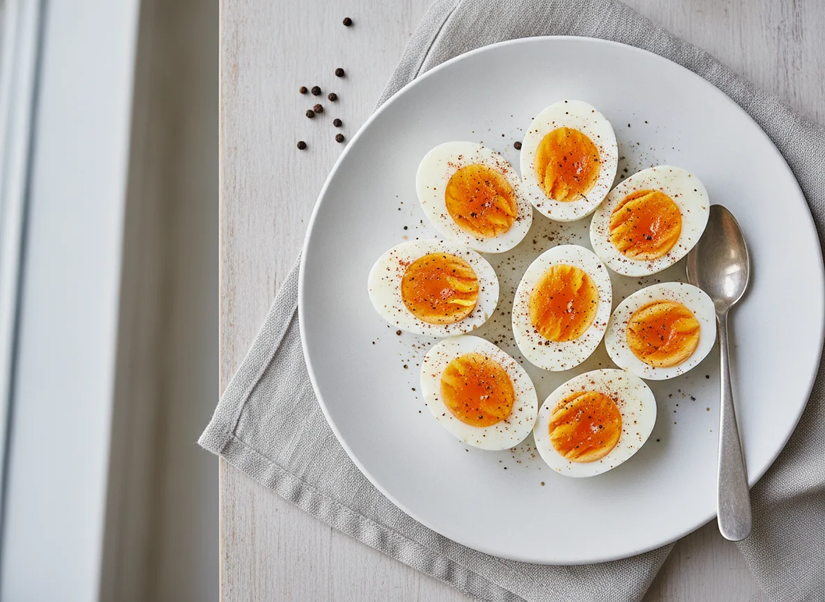 Hard-boiled eggs with paprika and pepper photo