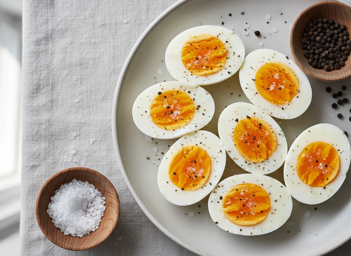 Hard-boiled eggs with salt and pepper photo