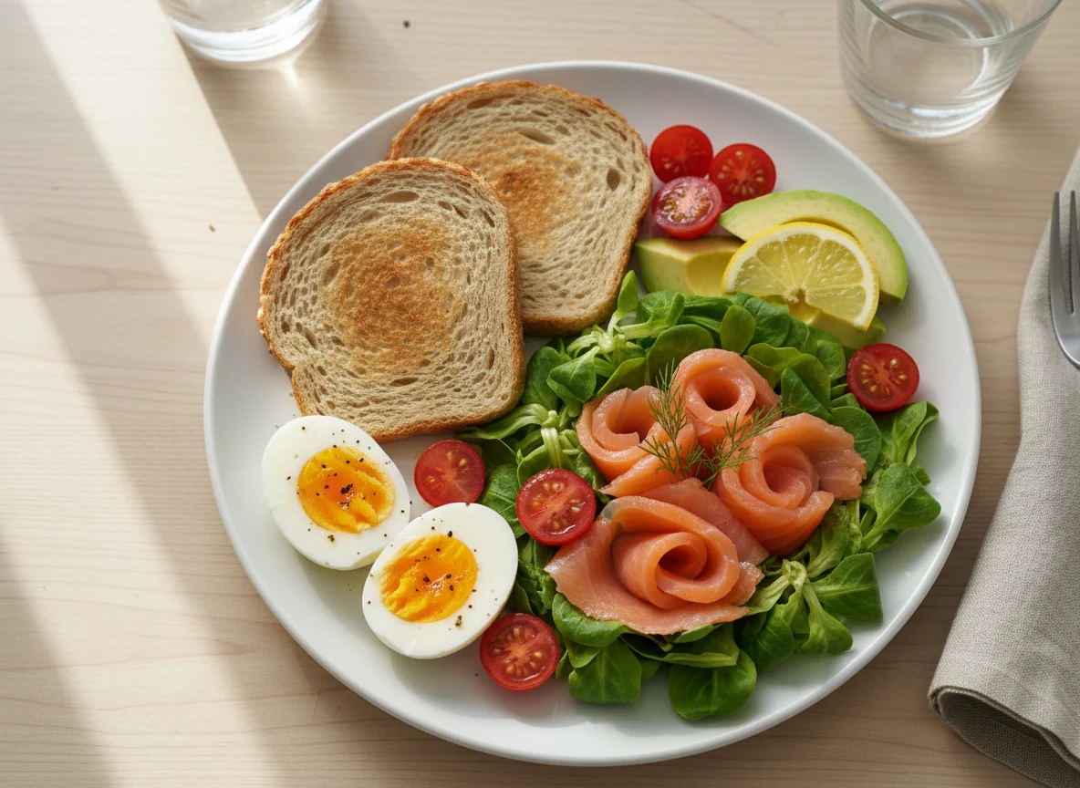 Healthy Breakfast Plate with Salmon and Eggs photo