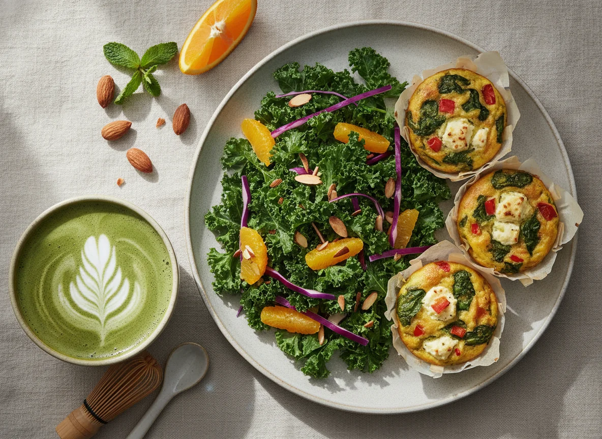 Healthy Breakfast with Kale Salad, Egg Muffin, and Matcha Latte photo