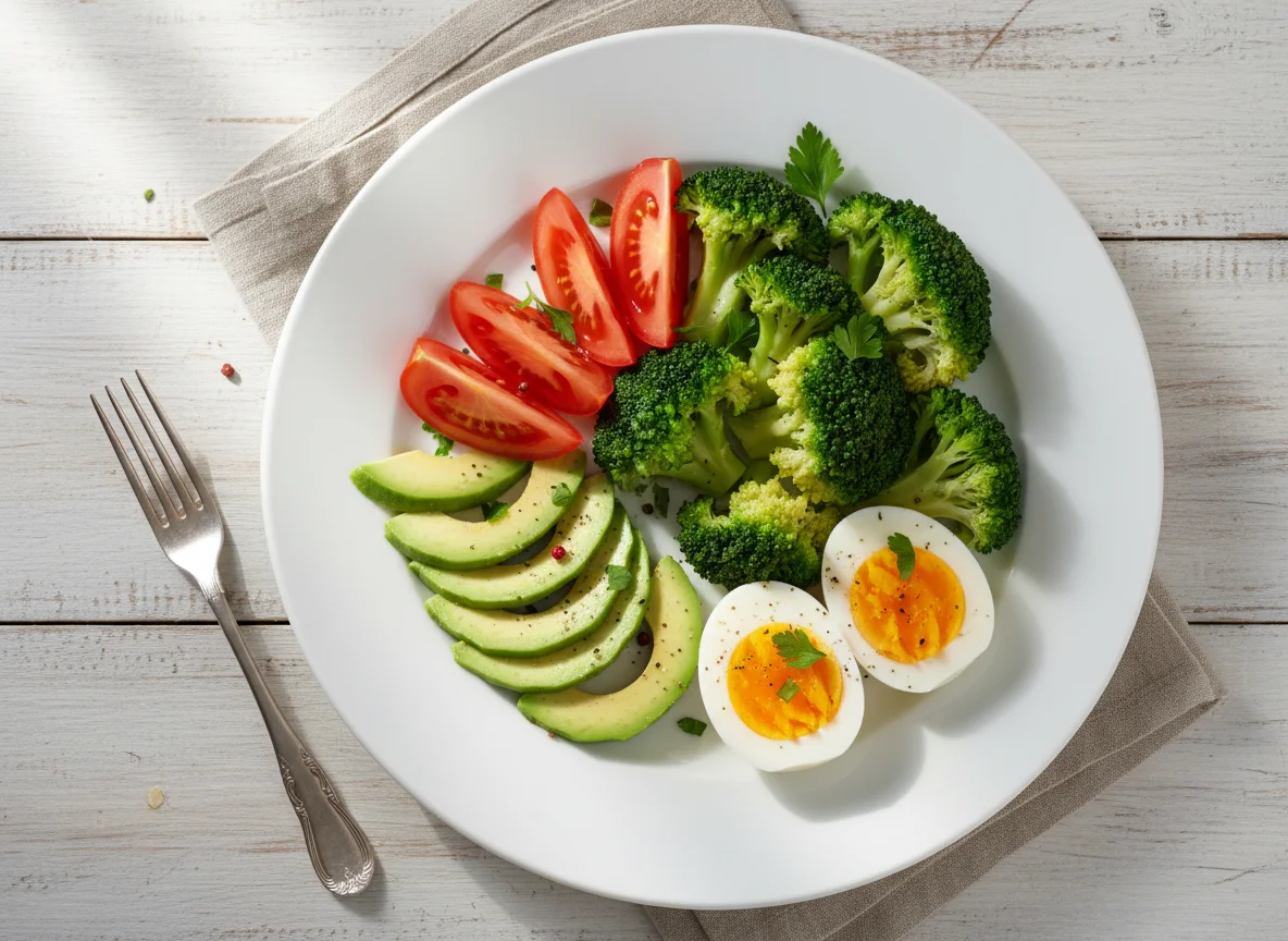Healthy Plate with Broccoli, Avocado, Tomato, and Eggs photo