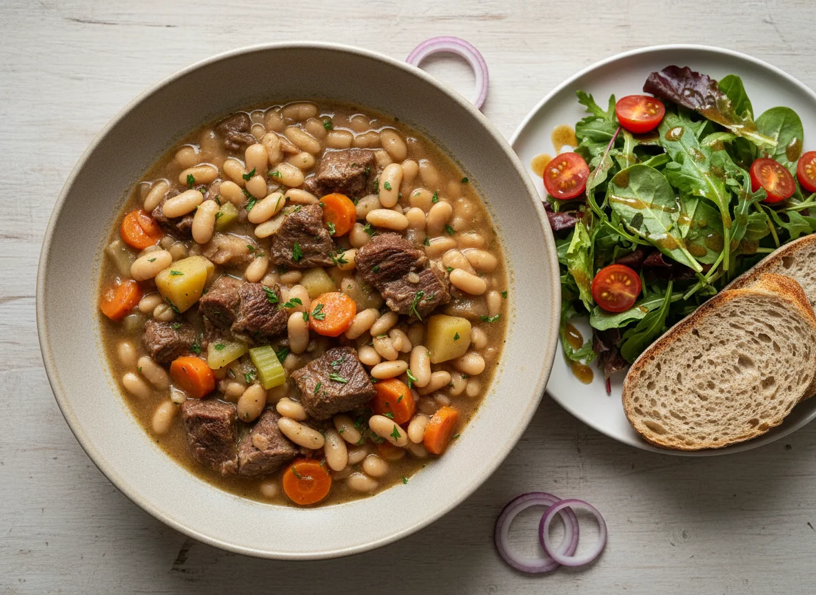 Hearty Stew with Salad and Bread photo