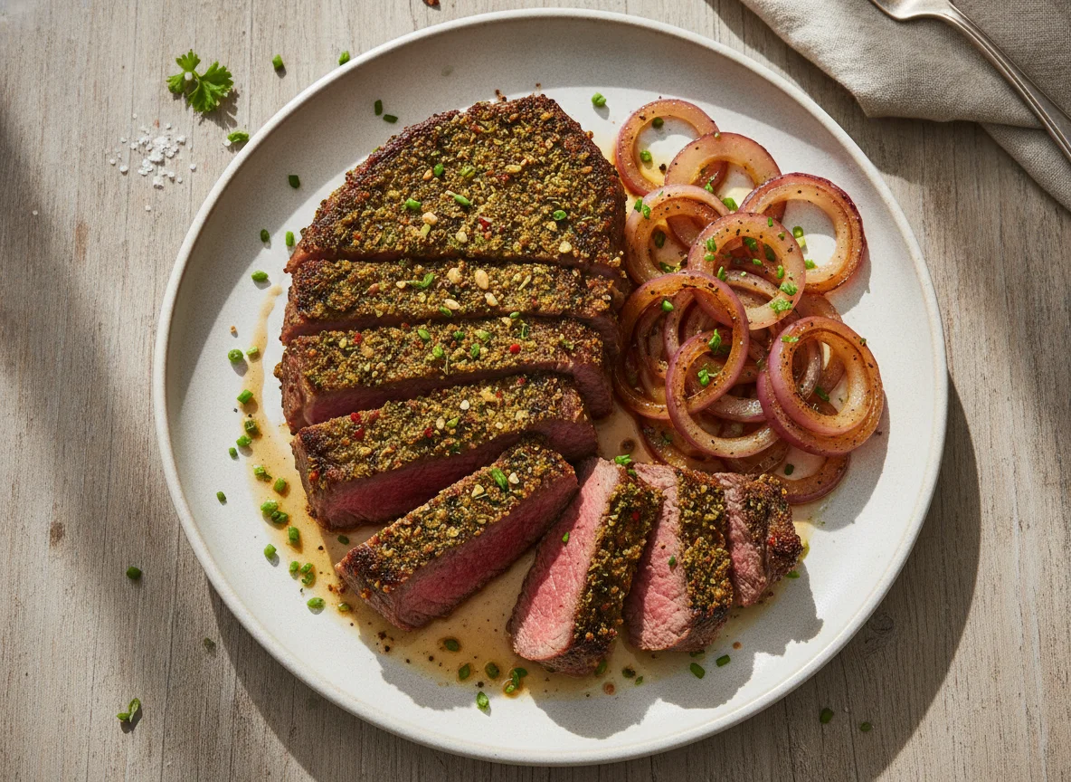 Herb-crusted Steak with Onions photo