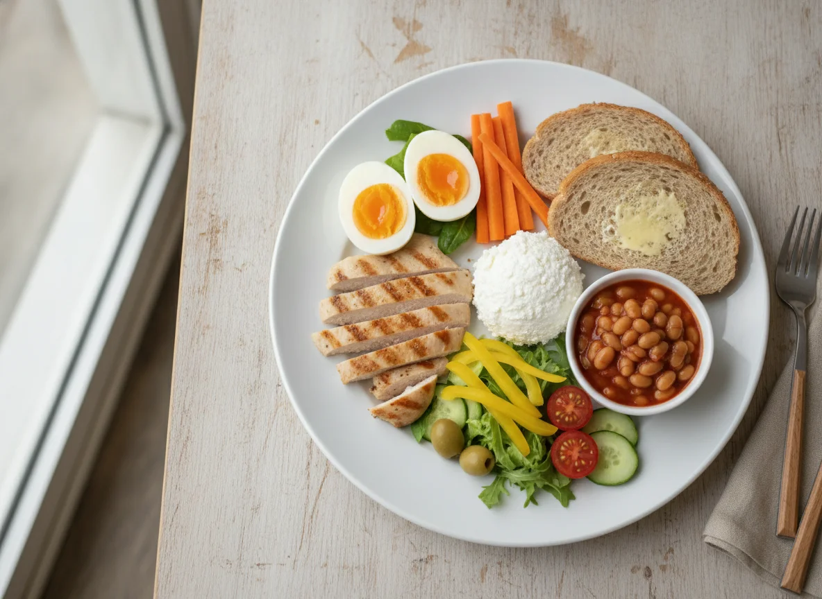 High protein breakfast plate with eggs, chicken, and vegetables photo