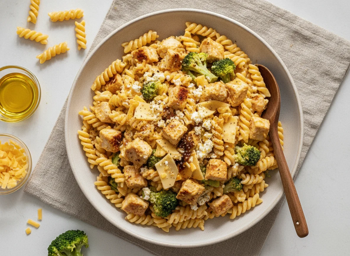 High Protein Chicken and Broccoli Pasta with Blended Cheddar Sauce photo