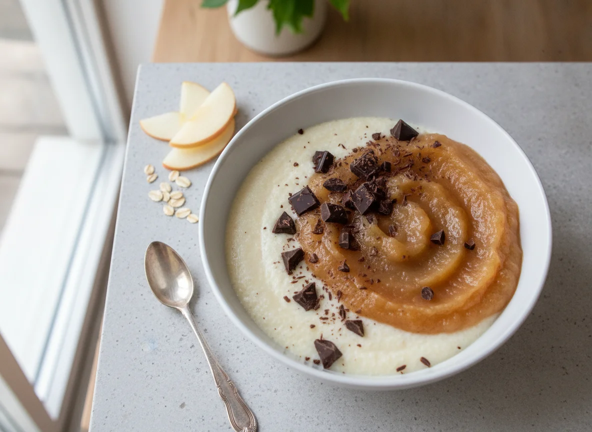 High Protein Semolina Pudding with Applesauce and Chocolate Chunks photo