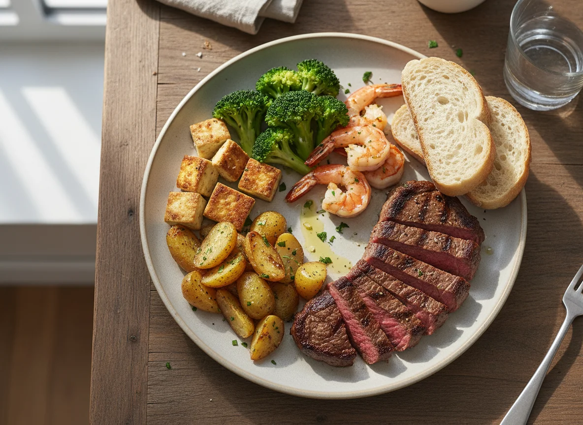 Home-cooked meal with steak, shrimp, broccoli, and tofu photo