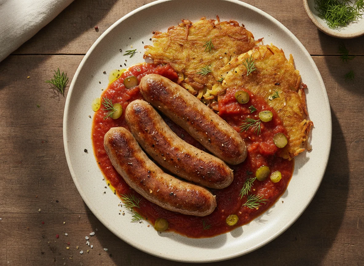 Homemade Beef Sausages with Rosti and Tomato Sauce photo