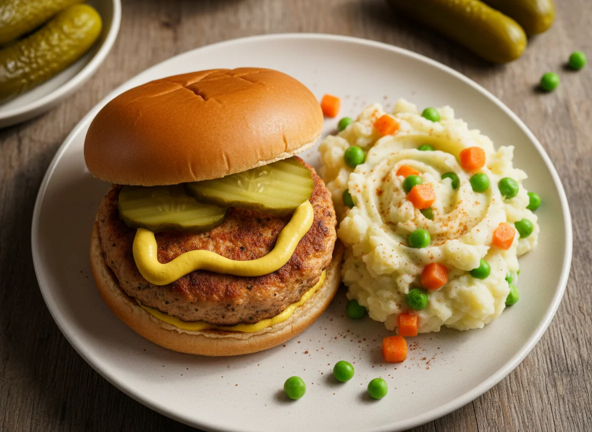 Homemade Burger with Mashed Potatoes and Pickles photo